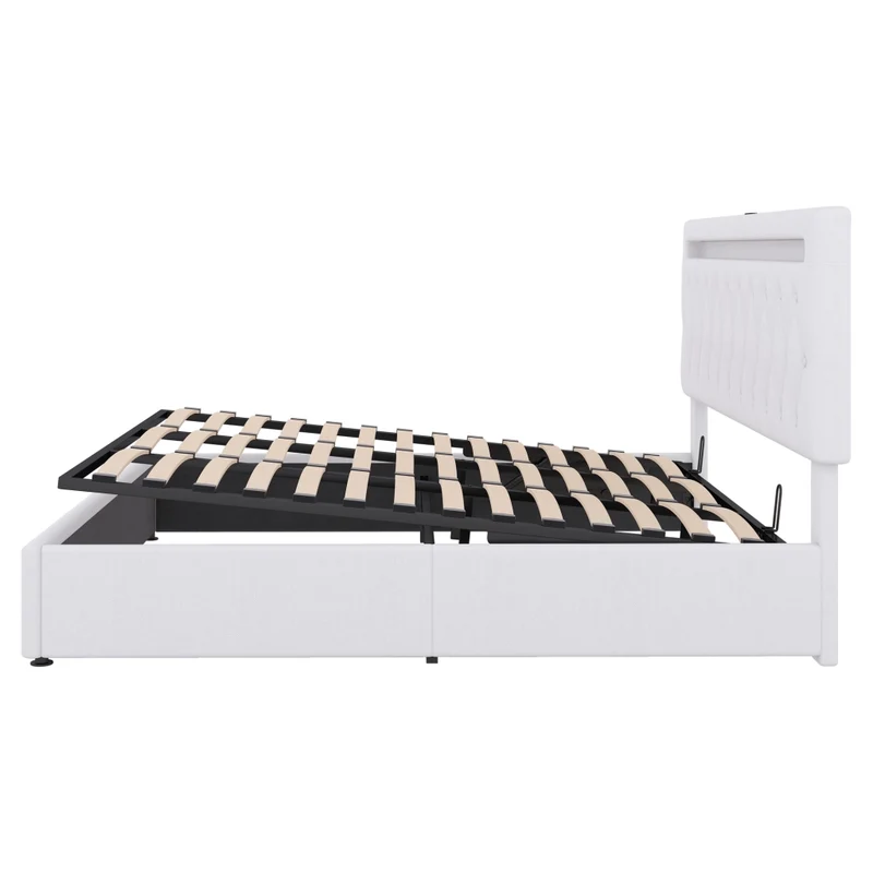 Letto matrimoniale imbottito 180x200 cm con contenitore; luce LED e prese USB; bianco