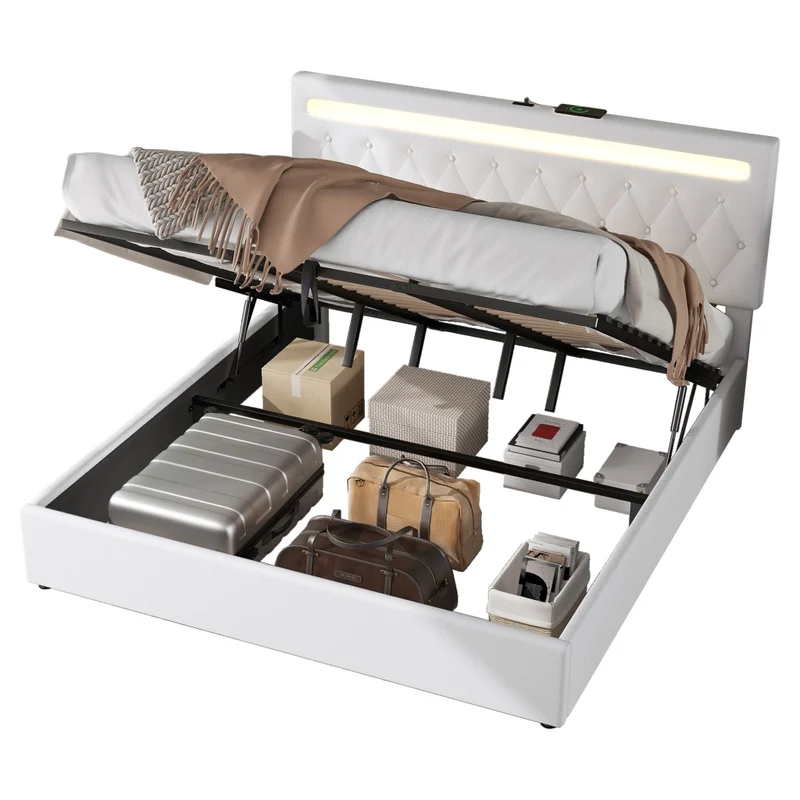 Letto matrimoniale imbottito 180x200 cm con contenitore; luce LED e prese USB; bianco