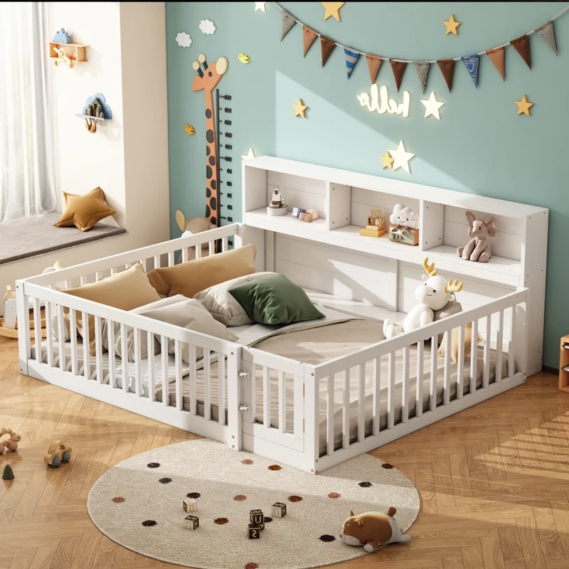 Letto per bambini 140x200 cm con rete a doghe e contenitore laterale; in pino e MDF bianco
