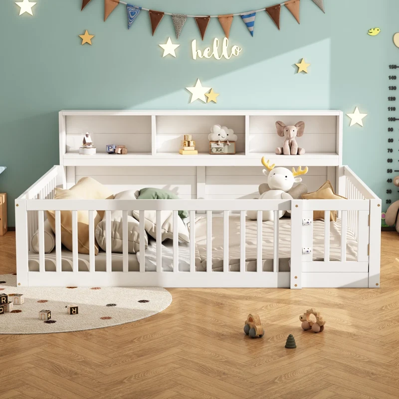 Letto per bambini 140x200 cm con rete a doghe e contenitore laterale; in pino e MDF bianco