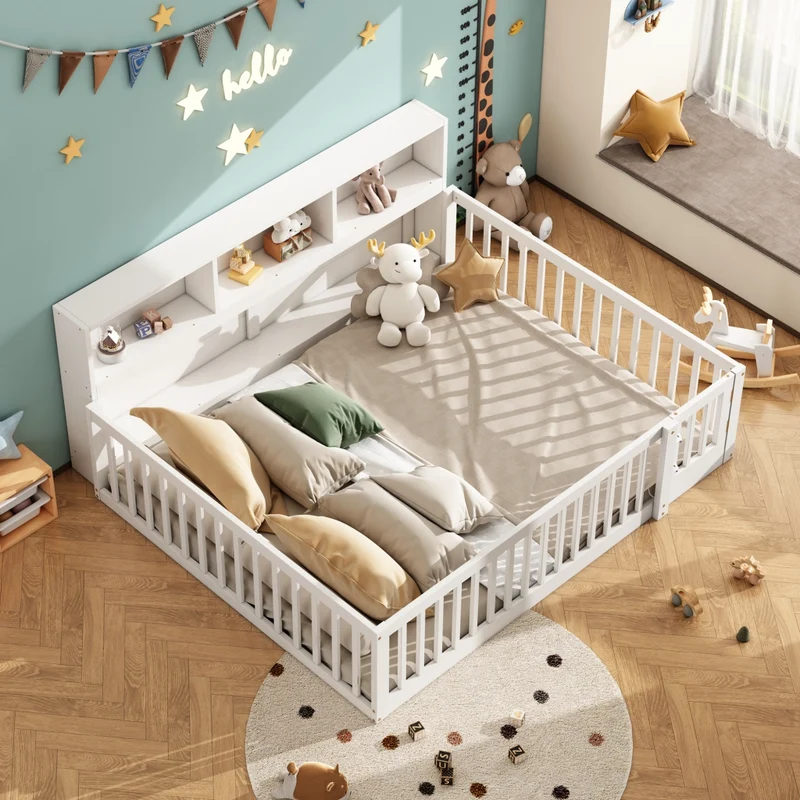 Letto per bambini 140x200 cm con rete a doghe e contenitore laterale; in pino e MDF bianco