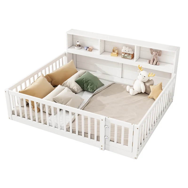 Letto per bambini 140x200 cm con rete a doghe e contenitore laterale; in pino e MDF bianco
