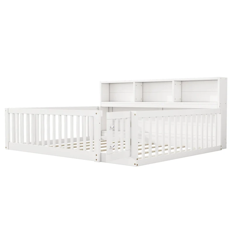 Letto per bambini 140x200 cm con rete a doghe e contenitore laterale; in pino e MDF bianco