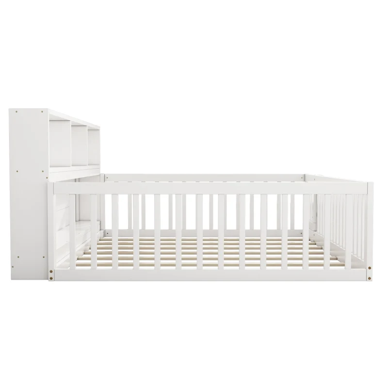 Letto per bambini 140x200 cm con rete a doghe e contenitore laterale; in pino e MDF bianco