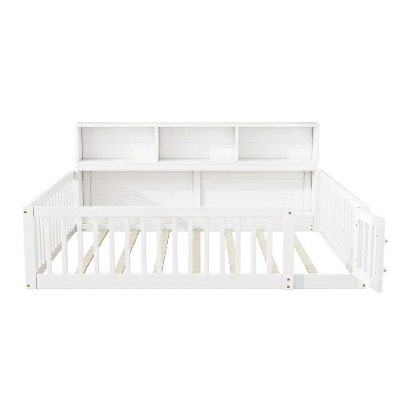 Letto per bambini 140x200 cm con rete a doghe e contenitore laterale; in pino e MDF bianco