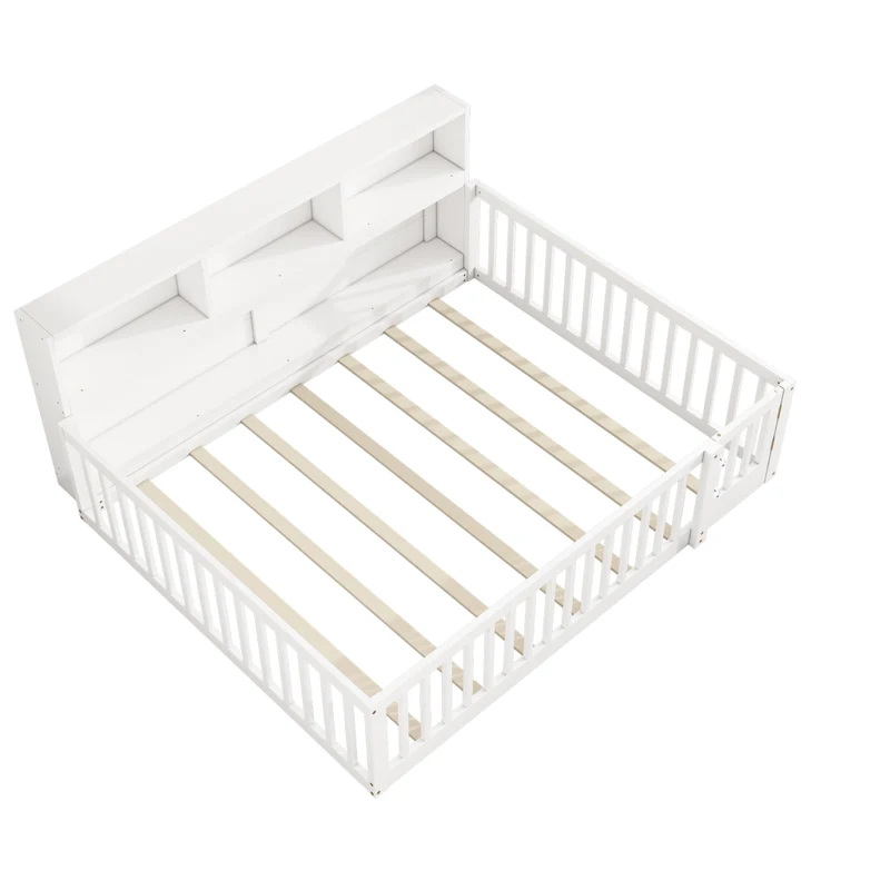Letto per bambini 140x200 cm con rete a doghe e contenitore laterale; in pino e MDF bianco