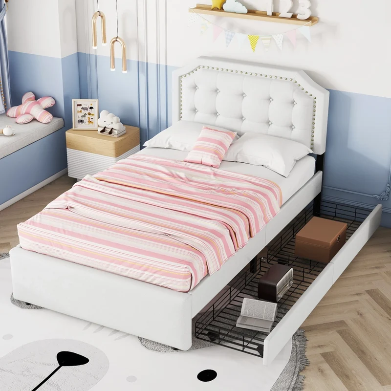 Letto imbottito 90 x 200 cm con 2 cassetti; testiera regolabile; beige chiaro