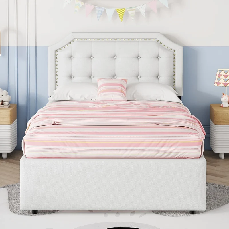 Letto imbottito 90 x 200 cm con 2 cassetti; testiera regolabile; beige chiaro