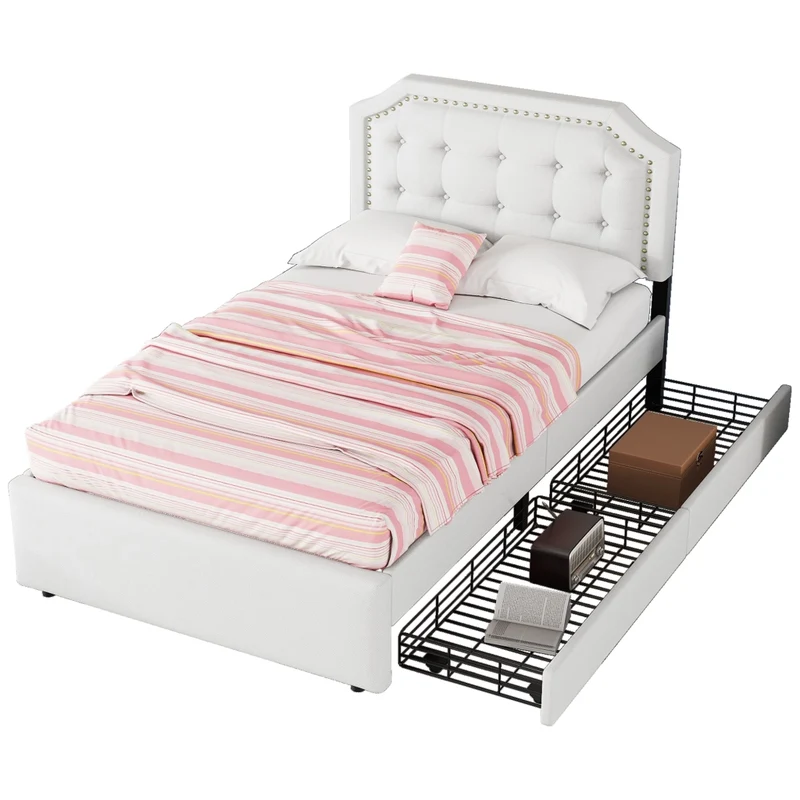 Letto imbottito 90 x 200 cm con 2 cassetti; testiera regolabile; beige chiaro