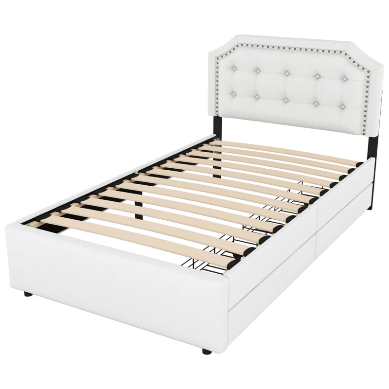 Letto imbottito 90 x 200 cm con 2 cassetti; testiera regolabile; beige chiaro
