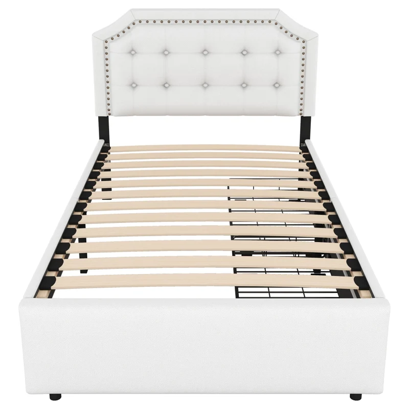 Letto imbottito 90 x 200 cm con 2 cassetti; testiera regolabile; beige chiaro
