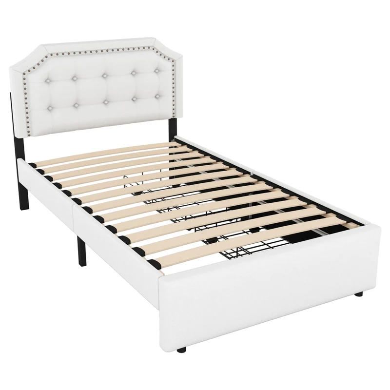 Letto imbottito 90 x 200 cm con 2 cassetti; testiera regolabile; beige chiaro