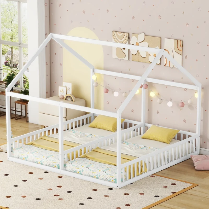 Letto doppio per bambini 90 x 200 cm; struttura in pino e MDF; bianco; con tetto e sponde
