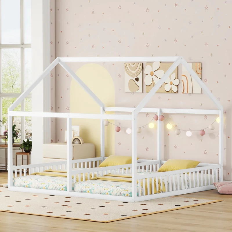 Letto doppio per bambini 90 x 200 cm; struttura in pino e MDF; bianco; con tetto e sponde