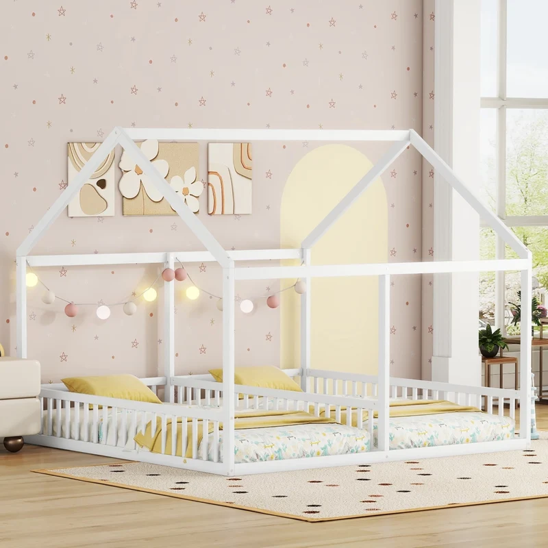 Letto doppio per bambini 90 x 200 cm; struttura in pino e MDF; bianco; con tetto e sponde