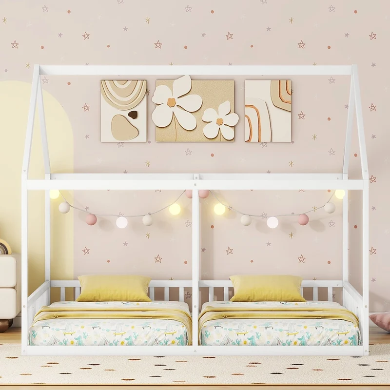 Letto doppio per bambini 90 x 200 cm; struttura in pino e MDF; bianco; con tetto e sponde