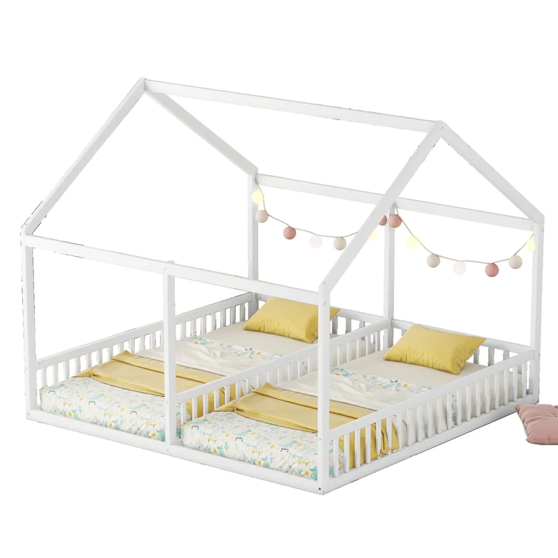 Letto doppio per bambini 90 x 200 cm; struttura in pino e MDF; bianco; con tetto e sponde