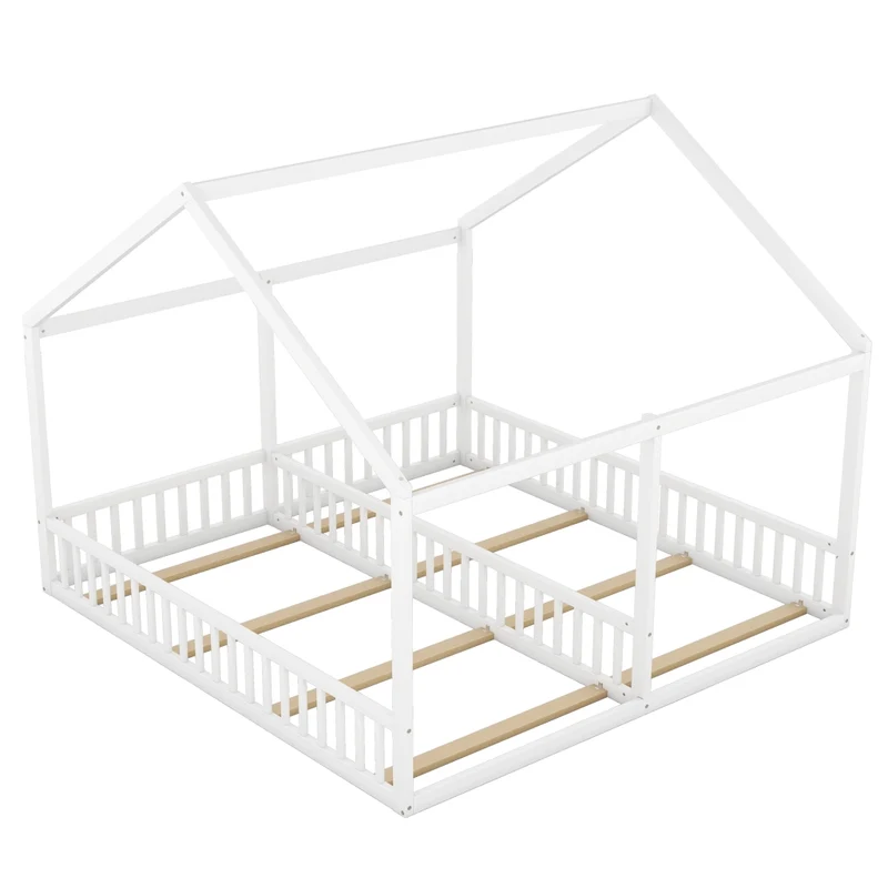 Letto doppio per bambini 90 x 200 cm; struttura in pino e MDF; bianco; con tetto e sponde