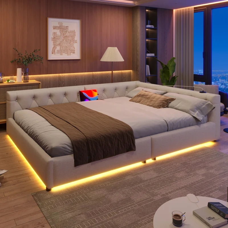 Letto 140x200 con rete a doghe; letto in lino beige con LED e porte USB