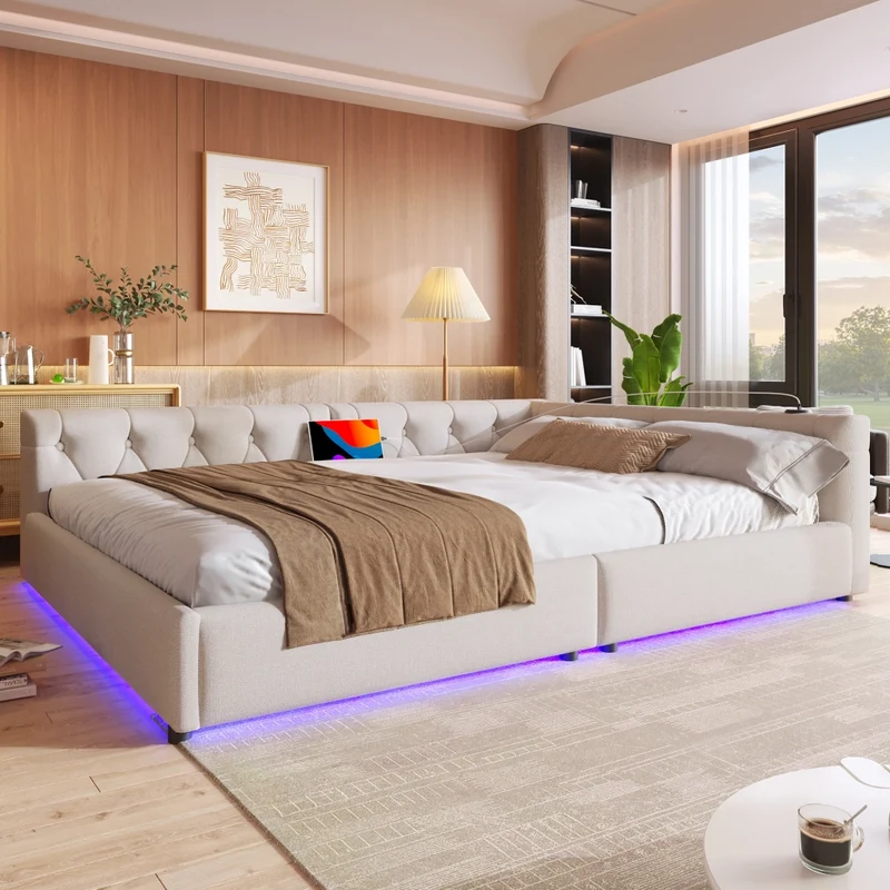Letto 140x200 con rete a doghe; letto in lino beige con LED e porte USB