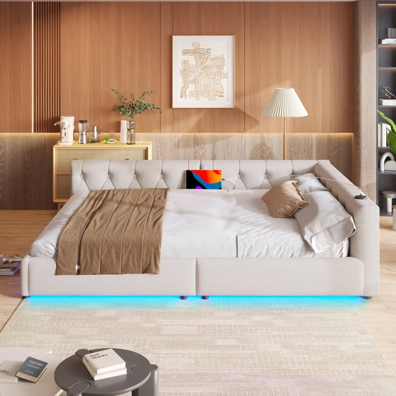 Letto 140x200 con rete a doghe; letto in lino beige con LED e porte USB