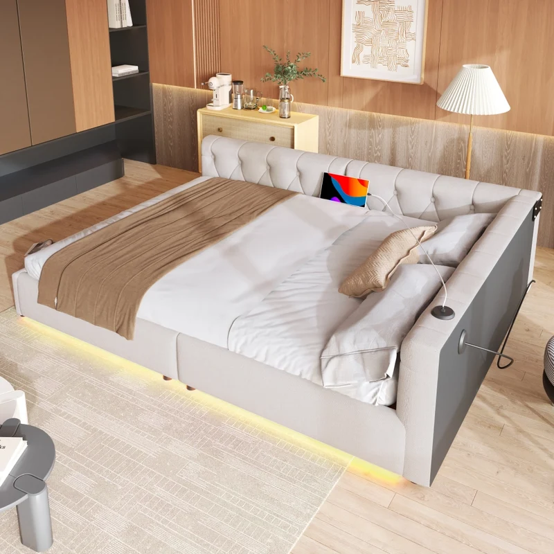 Letto 140x200 con rete a doghe; letto in lino beige con LED e porte USB