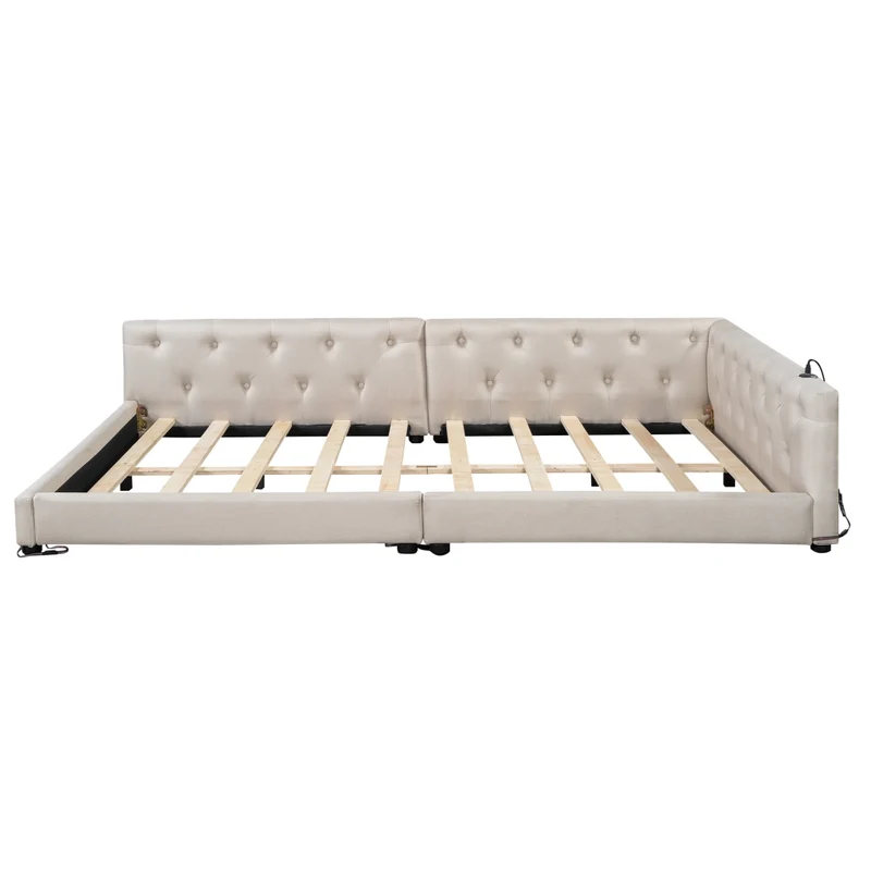 Letto 140x200 con rete a doghe; letto in lino beige con LED e porte USB