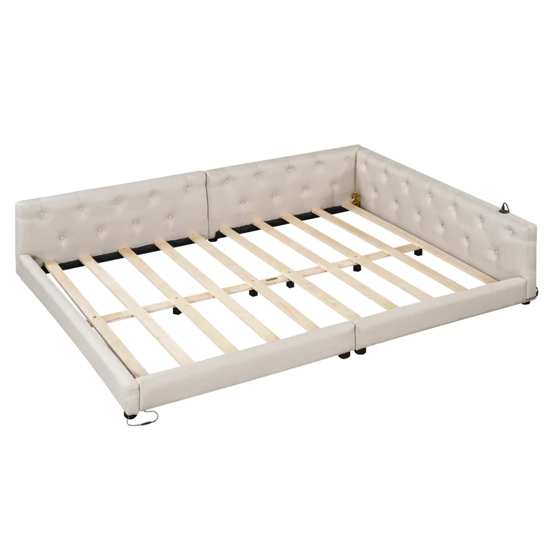 Letto 140x200 con rete a doghe; letto in lino beige con LED e porte USB