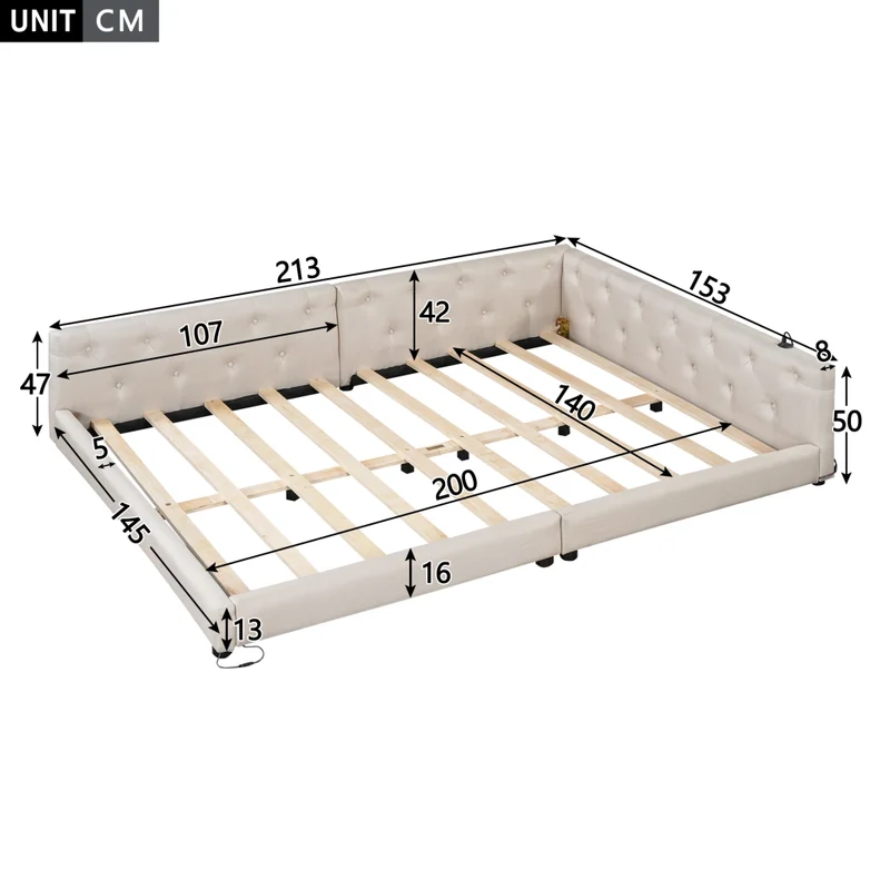 Letto 140x200 con rete a doghe; letto in lino beige con LED e porte USB