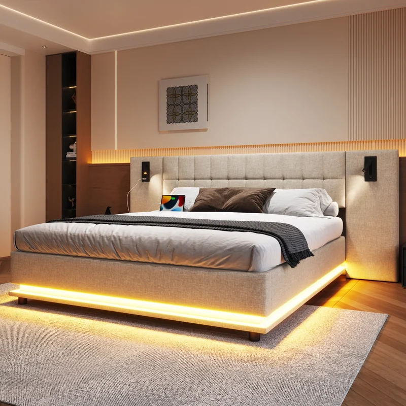 Letto imbottito 180x200 cm beige in lino; LED multicolore; USB e luci da lettura; senza materasso