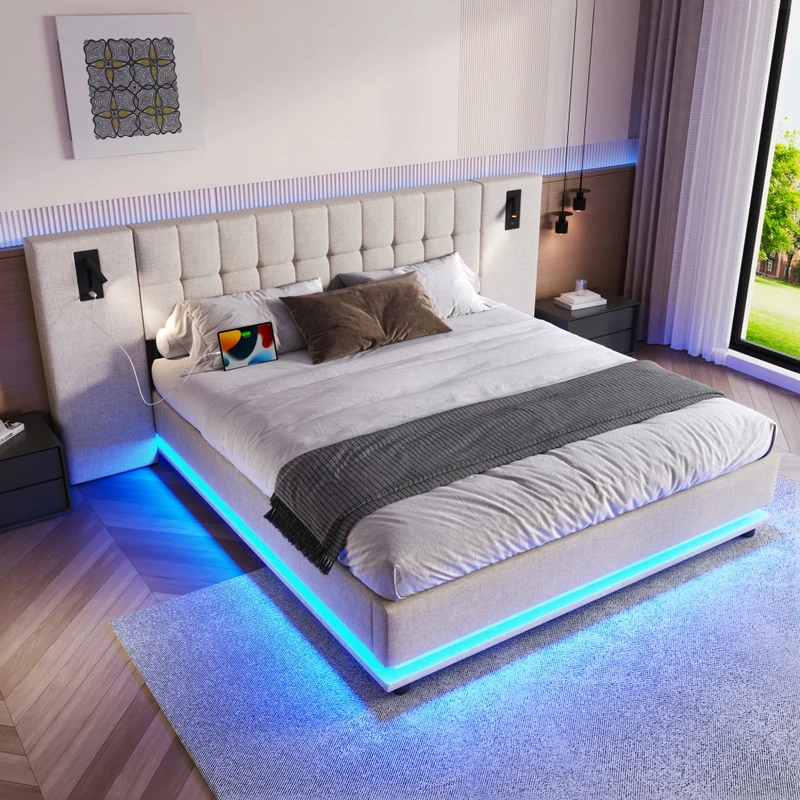 Letto imbottito 180x200 cm beige in lino; LED multicolore; USB e luci da lettura; senza materasso