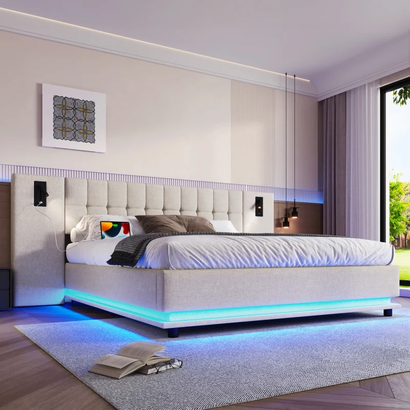 Letto imbottito 180x200 cm beige in lino; LED multicolore; USB e luci da lettura; senza materasso