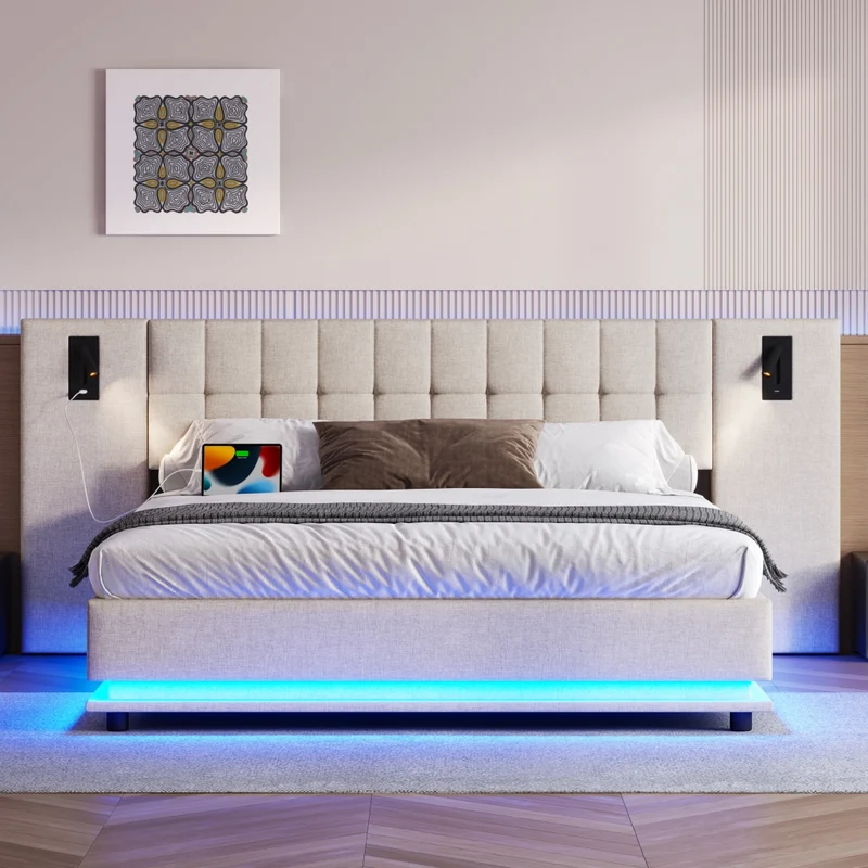 Letto imbottito 180x200 cm beige in lino; LED multicolore; USB e luci da lettura; senza materasso