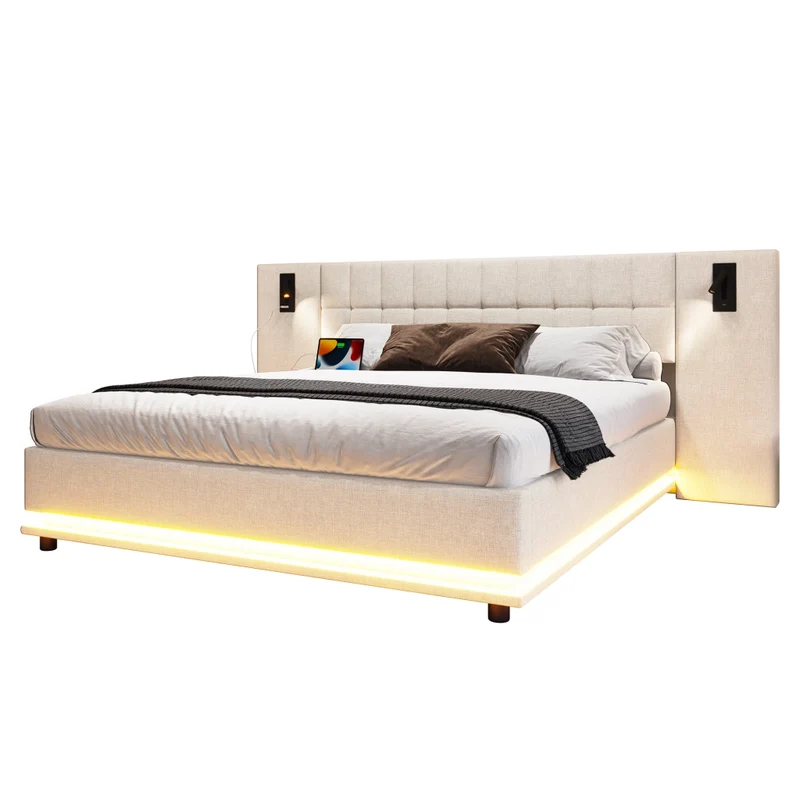 Letto imbottito 180x200 cm beige in lino; LED multicolore; USB e luci da lettura; senza materasso