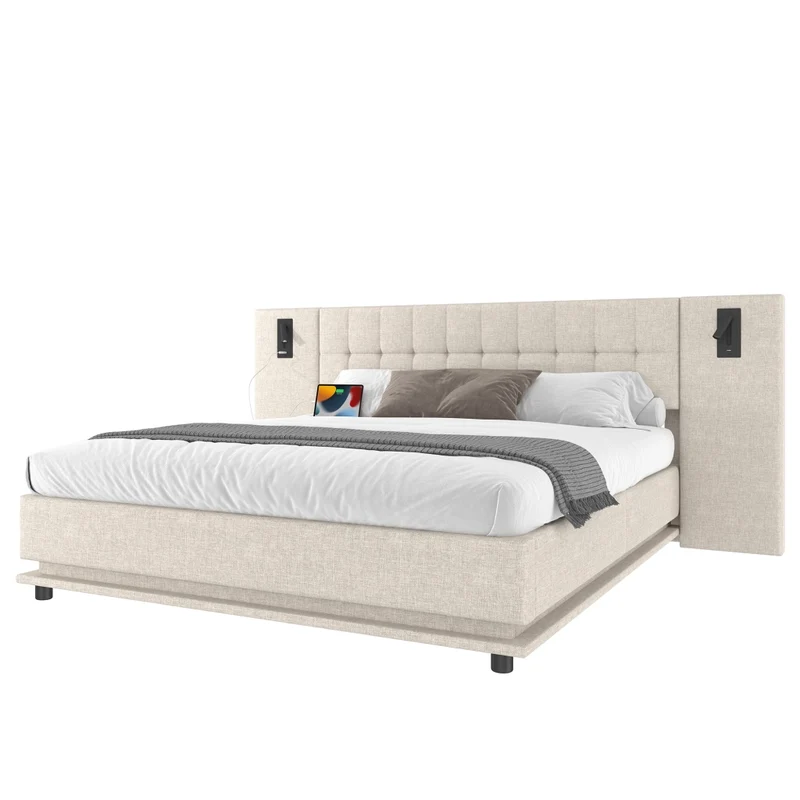 Letto imbottito 180x200 cm beige in lino; LED multicolore; USB e luci da lettura; senza materasso