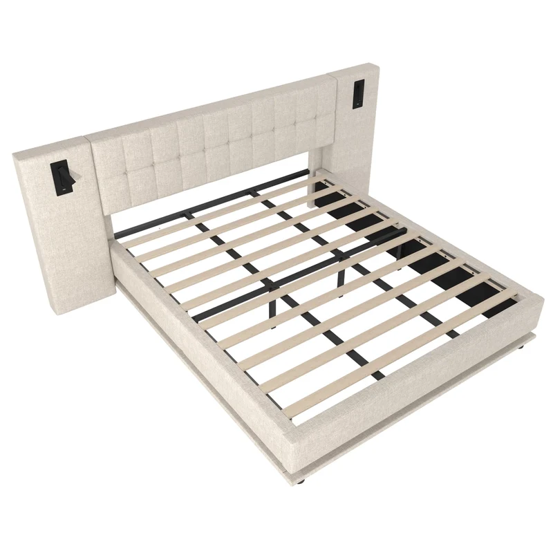Letto imbottito 180x200 cm beige in lino; LED multicolore; USB e luci da lettura; senza materasso