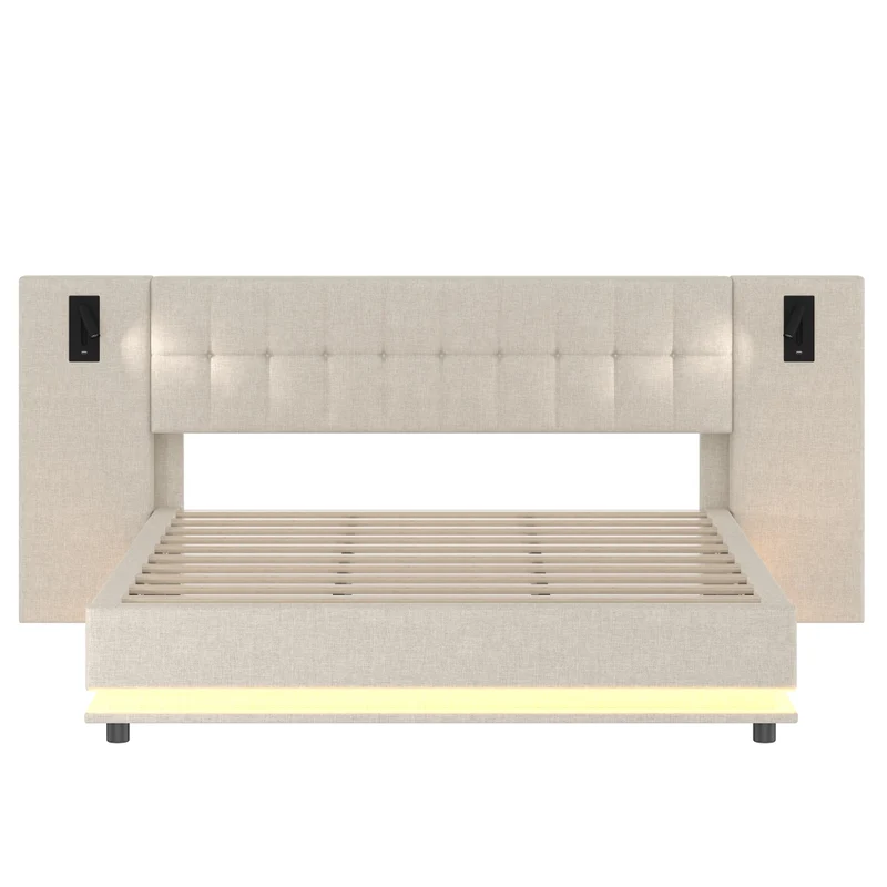 Letto imbottito 180x200 cm beige in lino; LED multicolore; USB e luci da lettura; senza materasso