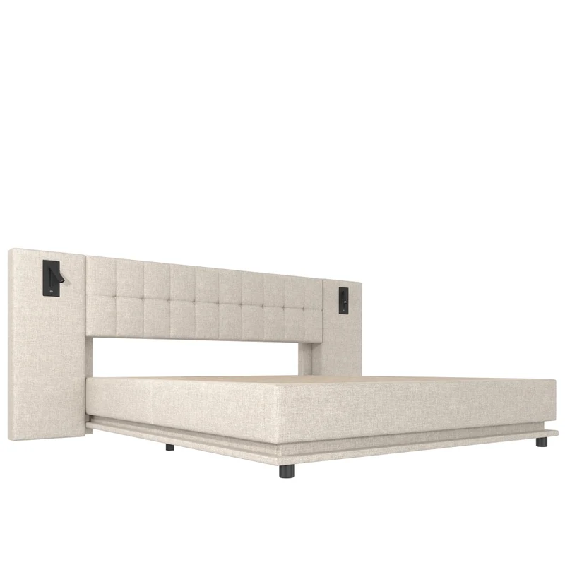 Letto imbottito 180x200 cm beige in lino; LED multicolore; USB e luci da lettura; senza materasso