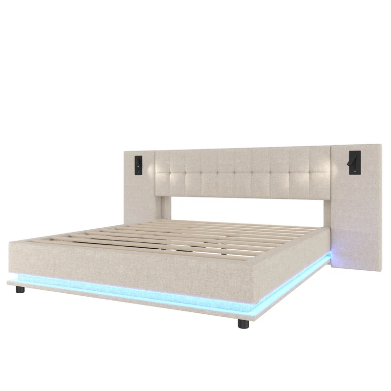 Letto imbottito 180x200 cm beige in lino; LED multicolore; USB e luci da lettura; senza materasso