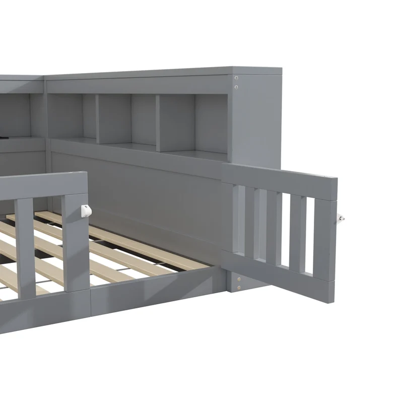 Letto 140x200 cm; daybed con rete a doghe; prese USB; vano laterale e sponda ribaltabile; grigio