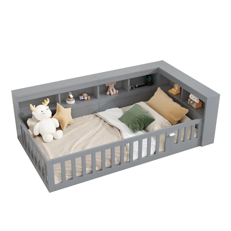 Letto singolo 90x200 cm; daybed con rete a doghe e contenitore laterale; grigio