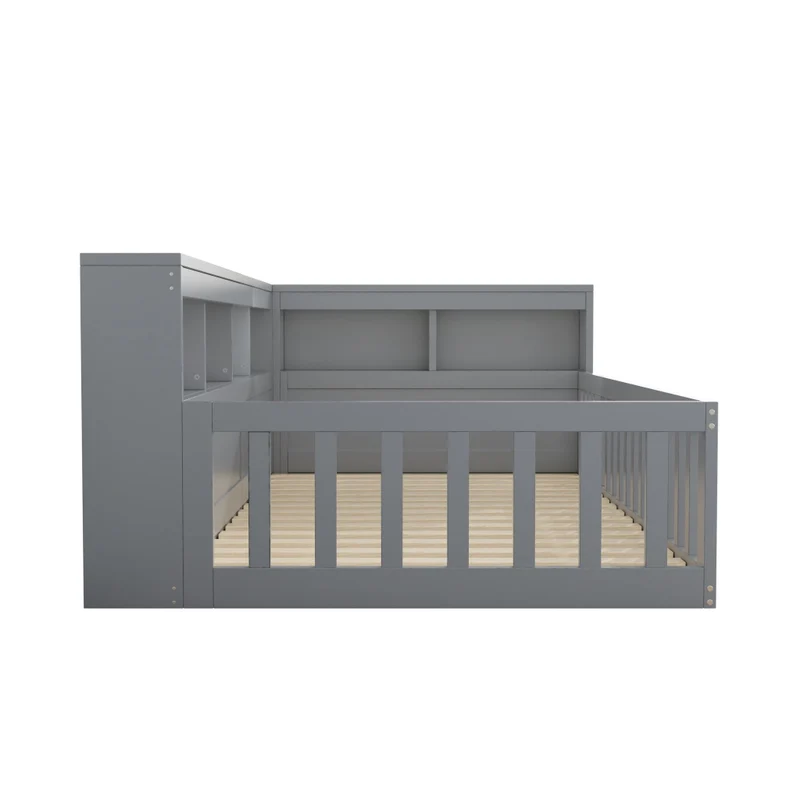 Letto singolo 90x200 cm; daybed con rete a doghe e contenitore laterale; grigio