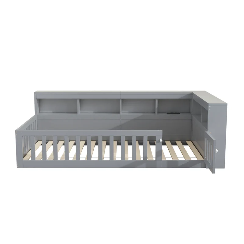 Letto singolo 90x200 cm; daybed con rete a doghe e contenitore laterale; grigio