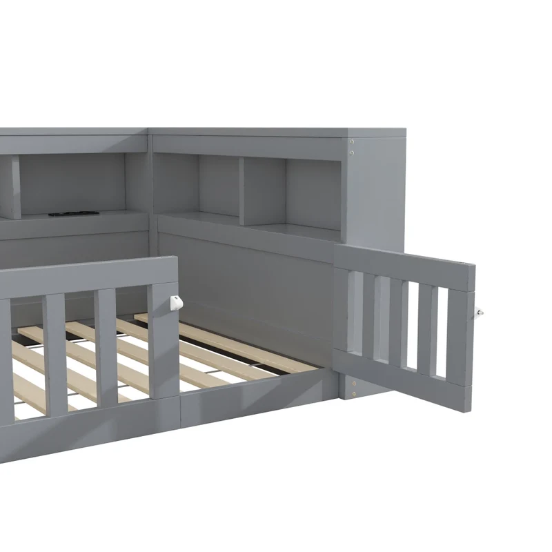 Letto singolo 90x200 cm; daybed con rete a doghe e contenitore laterale; grigio