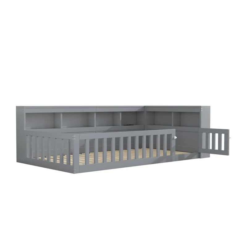 Letto singolo 90x200 cm; daybed con rete a doghe e contenitore laterale; grigio