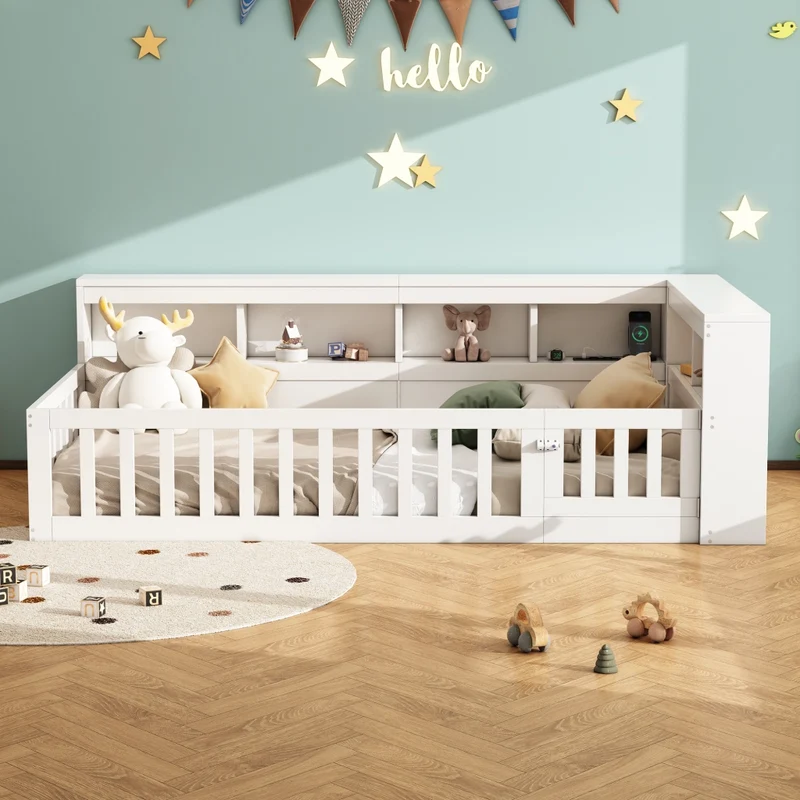 Letto singolo 90x200 cm con rete a doghe; vano portaoggetti; prese elettriche e USB; bianco