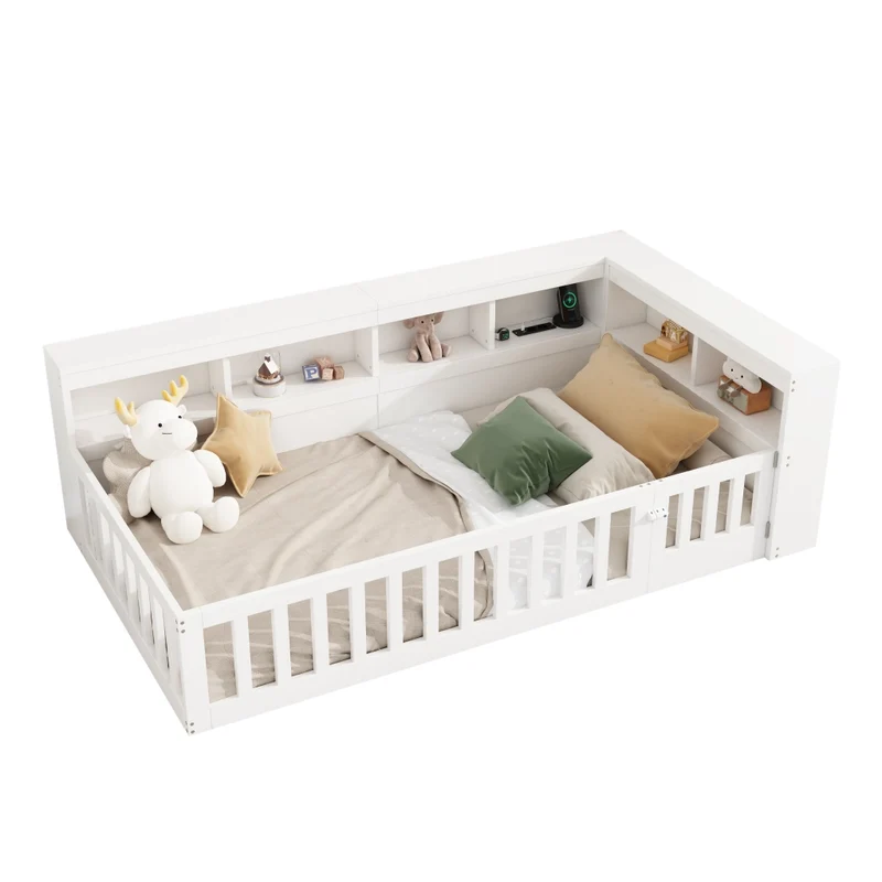 Letto singolo 90x200 cm con rete a doghe; vano portaoggetti; prese elettriche e USB; bianco