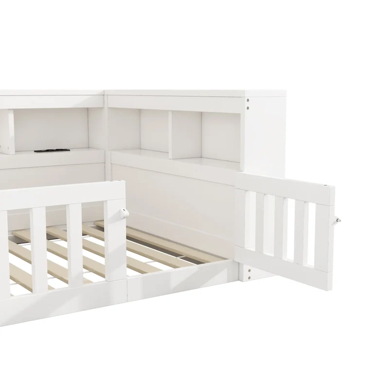 Letto singolo 90x200 cm con rete a doghe; vano portaoggetti; prese elettriche e USB; bianco