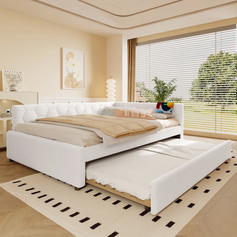 Letto imbottito bianco 140x200 cm con rete a doghe; letto estraibile; USB-C e luce da comodino