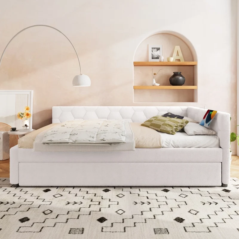 Letto imbottito bianco 140x200 cm con rete a doghe; letto estraibile; USB-C e luce da comodino